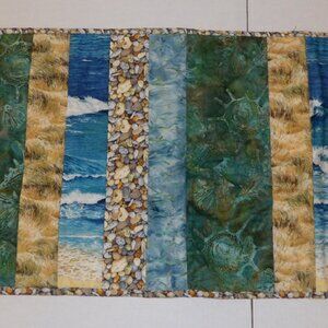 Handmade Quilted Table Runner Beach Themed Blues Tans Greens